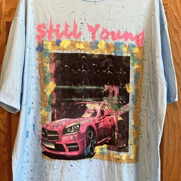 Shein Still Young Graphic Car Print Black T Shirt Mens Size M Blue - Picture 2 of 6